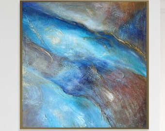 Arte expresionista abstracto en tonos azules y dorados, pinturas sobre lienzo, arte de pared al óleo con textura moderna para decoración de pared del hogar, 28 "x 28"