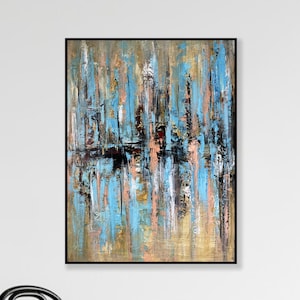 31.9x24 Original Abstract in Beige and Blue Colors Paintings on Canvas, Boho Style Modern Wall Hanging Decor Art Best Choice for Home image 1