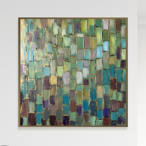Original Abstract Green Mosaic Style Paintings On Canvas, Modern Acrylic Handmade Painting, Textured Artwork for Living Room Decor 28"x28"