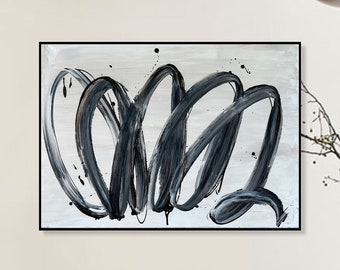 19.7x27.6" Linee astratte in bianco e nero Dipinti su tela, Pittura fatta a mano minimalista, Arte personalizzata La scelta migliore per l'ufficio o la decorazione domestica