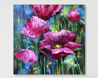 Original Abstract Vibrant Floral Painting Painting on Canvas Colorful Floral Artwork Romantic Oil Painting Nature-Inspired Art Decor 28"x28"
