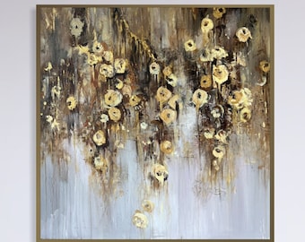 Pinturas estéticas de flores doradas abstractas originales sobre lienzo, ilustraciones florales románticas en colores dorado y beige para la decoración de la pared del hogar 28 "x 28"