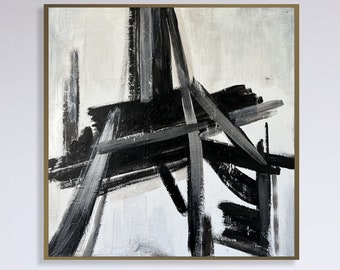 Pinturas abstractas originales en blanco y negro sobre lienzo, arte minimalista abstracto de la Torre Eiffel, pintura texturizada moderna para decoración del hogar 28 "x 28"