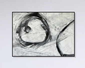 19.7x27.6 "Pinturas abstractas de círculos en blanco y negro sobre lienzo, pintura hecha a mano, arte minimalista, la mejor opción para la decoración de la oficina o el hogar