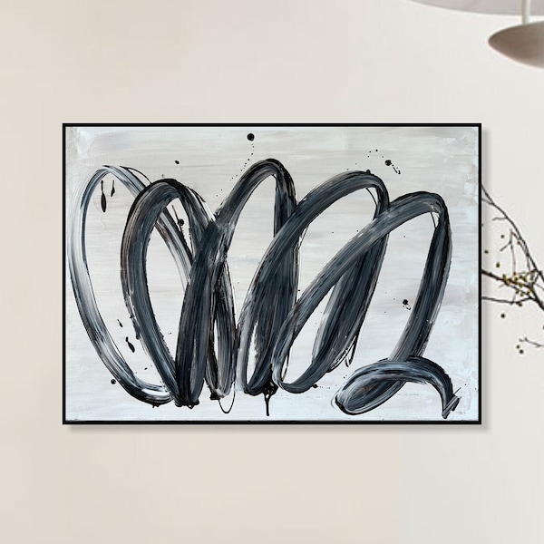 19.7x27.6" Linee astratte in bianco e nero Dipinti su tela, Pittura fatta a mano minimalista, Arte personalizzata La scelta migliore per l'ufficio o la decorazione domestica