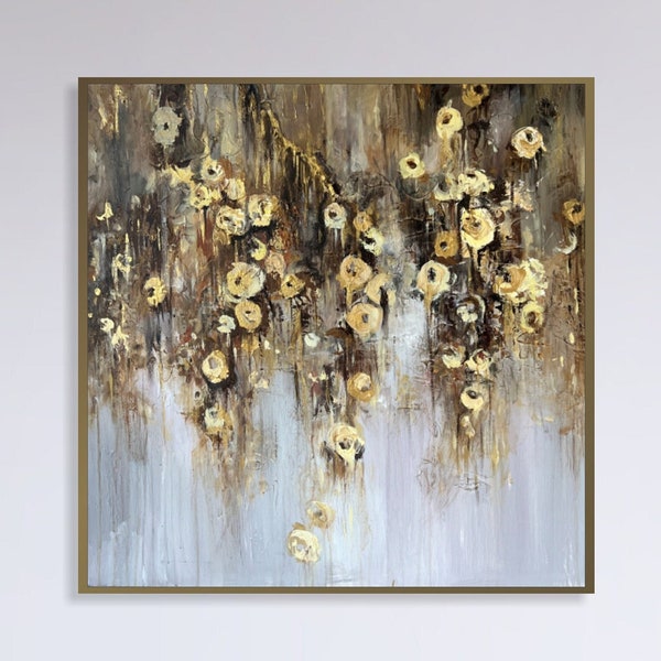 Original abstrakte goldene Blumen ästhetische Gemälde auf Leinwand, romantische florale Kunstwerke in Gold und Beige Farben für Hauptwanddekor 70x70cm