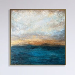 Pittura astratta originale su tela nei colori oro, bianco e blu scuro, arte moderna in foglia d'oro, pittura a olio personalizzata, decorazione murale estetica 26x26 immagine 1