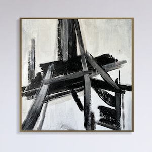 Original Abstract Black And White Paintings On Canvas, Abstract Eiffel Tower Minimalist Art, Modern Textured Painting for Home Decor 28x28 画像 1