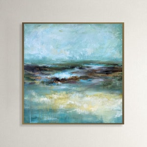 Abstract Blue Seascape Painting On Canvas, Original Scandi Chic Aesthetic Wall Art, Custom Oil Painting, Modern Textureed Wall Decor 28x28 image 2