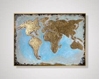 23.6x33.5" Abstract Gold World Map Paintings on Canvas, Hand Painted Map of the World, Original Oil Painting Best Choice for Office Decor