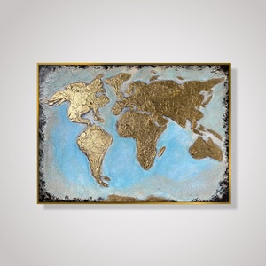 23.6x33.5 Abstract Gold World Map Paintings on Canvas, Hand Painted Map of the World, Original Oil Painting Best Choice for Office Decor image 1