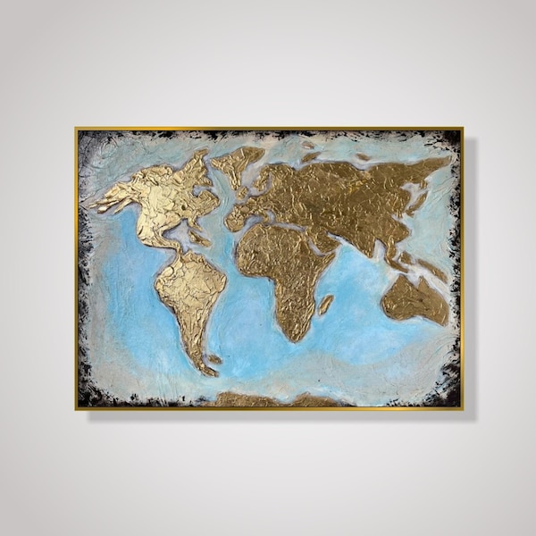 23.6x33.5" Dipinti di mappa del mondo in oro astratto su tela, mappa del mondo dipinta a mano, pittura a olio originale scelta migliore per l'arredamento dell'ufficio