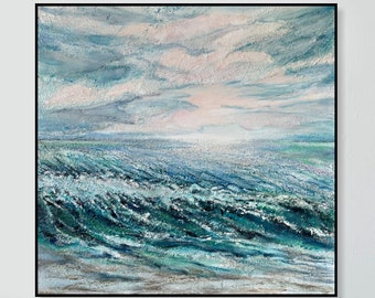 Paesaggio marino astratto dipinto moderno acrilico blu onde del mare dipinto creativo dipinto a mano opera d'arte unica decorazione della casa arte della parete 28 "x28"