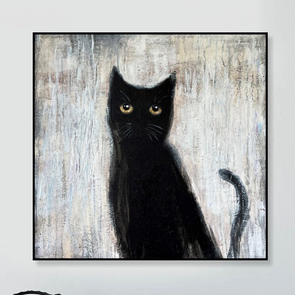 Pinturas originales abstractas de gatos negros sobre lienzo, pintura abstracta de animales en colores beige y negro, decoración de pared de arte con textura neutra 28 "x 28"