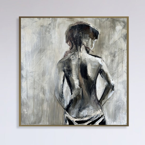 Abstract Woman Paintings On Canvas, Original Figurative Artwork, Modern Naked Female Custom Oil Painting, Acrylic Art for Home Decor 28"x28"