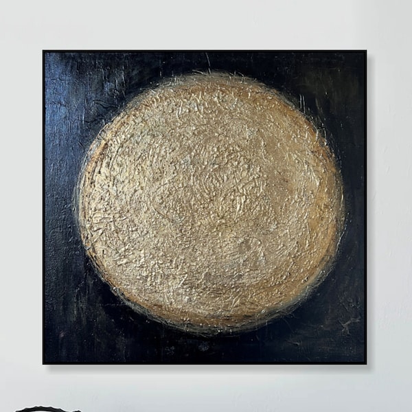 Dipinti astratti di cerchi dorati su tela, arte moderna della parete su tela nera, arte originale della sfera dorata, decorazione murale personalizzata della pittura a olio 28"x28"