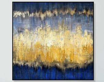 Original abstrakte blaue und goldene Gemälde auf Leinwand, strukturierte minimalistische Kunst, abstraktes skandinavisches Chic-Gemälde für Wohnzimmer-Dekor 28 "x 28"