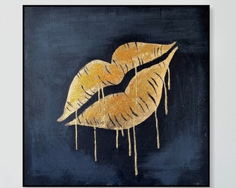 Abstrakte Gold Lippen Gemälde auf Leinwand, Original Schwarz und Gold Kunstwerk, kundenspezifisches Ölgemälde, strukturierte handgemachte minimalistische Kunst 28 "x 28"