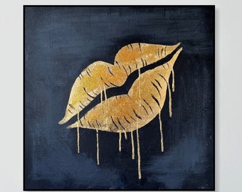 Abstract Gold Lips Paintings on Canvas, Original Black And Gold Artwork, Custom Oil Painting, Textured Handmade Minimalist Art 28"x28"