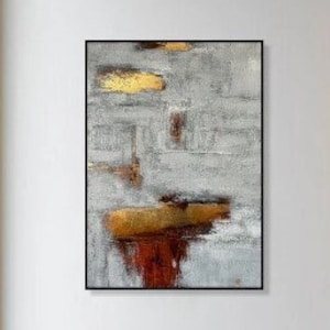 27.6x19.7 Abstract Grey Paintings on Canvas, Original Gold Leaf Art, Modern Handmade Oil Painting, Japandi Decor Art for Indie Room Decor image 1