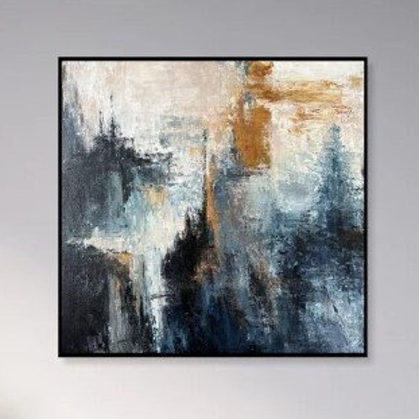 Abstract Dark Blue Paintings On Canvas, Custom Made Oil Painting with Gold Leaf Art, Boho Style Decor best choice for Living Room 24"x24"