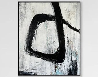25.6x21.7" Abstract Black And White Line Paintings on Canvas, Minimalist Handmade Painting, ABC Art Best Choice for Office Or Home Decor