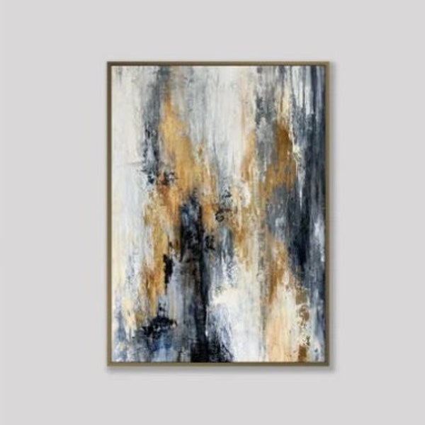 Abstract in Beige, Blue and Gold Colors, Original Gold Leaf Art Handmade Paintings on Canvas, Modern Wall Decor for Home 27.6x19.7"