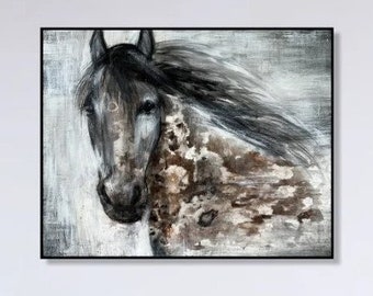 21.7x27.6" Abstract Horse Paintings on Canvas. Original Animal Painting Fabric, Neutral Farmhouse Artwork, best choice for Guest Room Decor