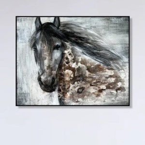 21.7x27.6 Abstract Horse Paintings on Canvas. Original Animal Painting Fabric, Neutral Farmhouse Artwork, best choice for Guest Room Decor image 1