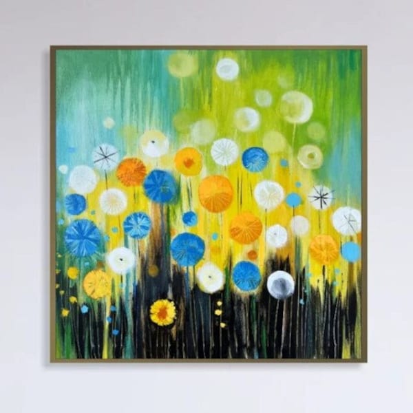 Original Abstract Colorful Dandelions Paintings on Canvas, Original Floral Art for Kids Room, Hand Painted Wall Hanging Art 28"x28"