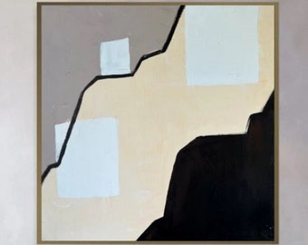 Original abstraktes Schwarz Weiß Gemälde auf Leinwand, minimalistisches Kunstwerk, moderne strukturierte Bogo Stil Wandbehang Dekor für Zuhause 28 "x 28"