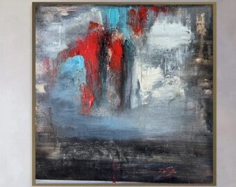 Peintures colorées abstraites sur toile oeuvre texturée originale art expressionniste abstrait moderne palette rouge et bleu audacieux art mural 28 x 28