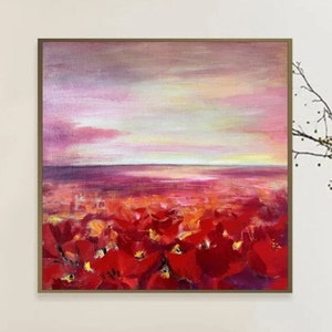 Original abstrakte rote Tulpen ästhetische Sonnenuntergang Malerei auf Leinwand, Original bunte Blumen Kunstwerk, romantische Boho-Stil Wand-Dekor 70x70cm Bild 1