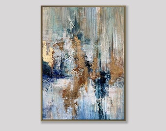 Abstract bladgoud kunstschilderijen op canvas, originele beige, blauwe en gouden abstracte schilderijen unieke wanddecoratie voor thuis 27,6x19,7"