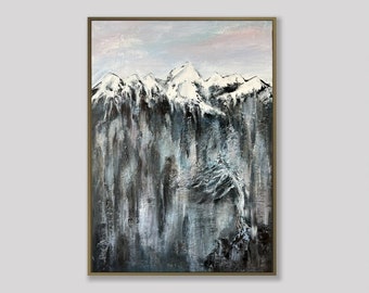 Abstract Grey Mountains Paintings on Canvas, Neutral Landscape Painting, Handmade Artwork, Aesthetic Decor for Home 27.6x19.7"