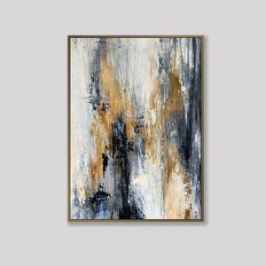 Abstract in Beige, Blue and Gold Colors, Original Gold Leaf Art Handmade Paintings on Canvas, Modern Wall Decor for Home 27.6x19.7 zdjęcie 2
