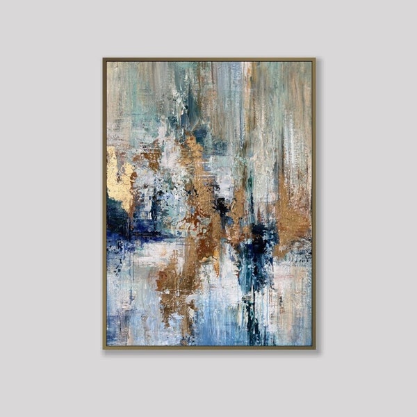 Abstract Gold Leaf Art Paintings on Canvas, Original Beige, Blue, and Gold Abstract Paintings Unique Wall Decor for Home 27.6x19.7"