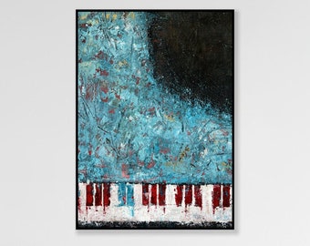 Abstract Piano Paintings on Canvas, Contemporary Art Wall Hanging Decor, Modern Blue Textured Painting, Handmade Artwork 27.6x19.7"