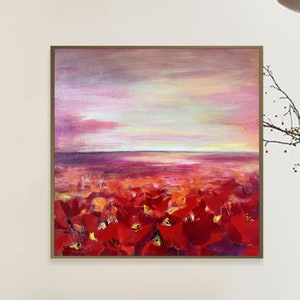 Original abstrakte rote Tulpen ästhetische Sonnenuntergang Malerei auf Leinwand, Original bunte Blumen Kunstwerk, romantische Boho-Stil Wand-Dekor 70x70cm Bild 2