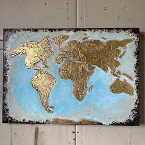 60x70 cm Abstrakte Gold Weltkarte Gemälde auf Leinwand, Handgemalte Karte der Welt, Original Ölgemälde Beste Wahl für Bürodekor Bild 5