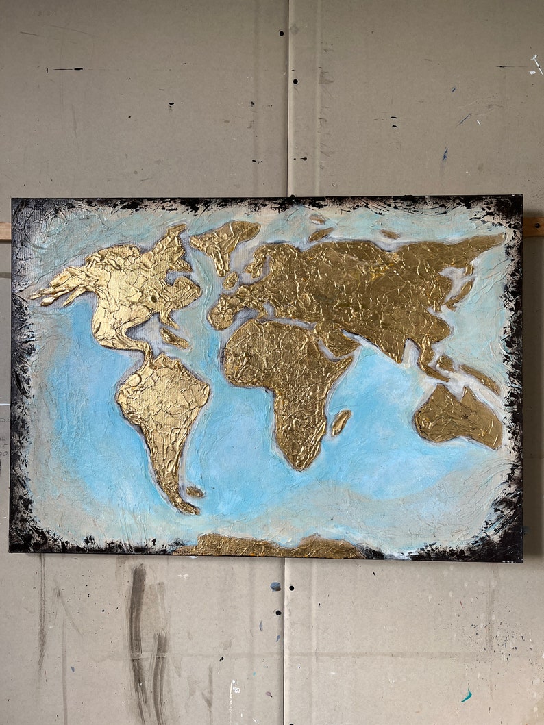 60x70 cm Abstrakte Gold Weltkarte Gemälde auf Leinwand, Handgemalte Karte der Welt, Original Ölgemälde Beste Wahl für Bürodekor Bild 5