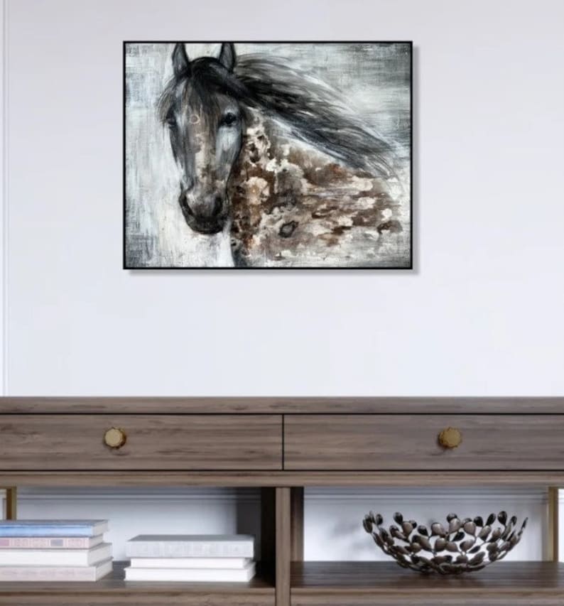 21,7 x 27,6 Abstracte paardenschilderijen op canvas. Originele dierenschilderijstof, neutraal boerderijkunstwerk, beste keuze voor het decor van de gastenkamer afbeelding 1