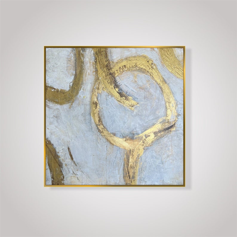 Abstract Beige Painting on Canvas, Original Golden Circles Custom Oil Painting, Textured Gold Leaf Art, Minimalist Wall Decor 28x28 image 1