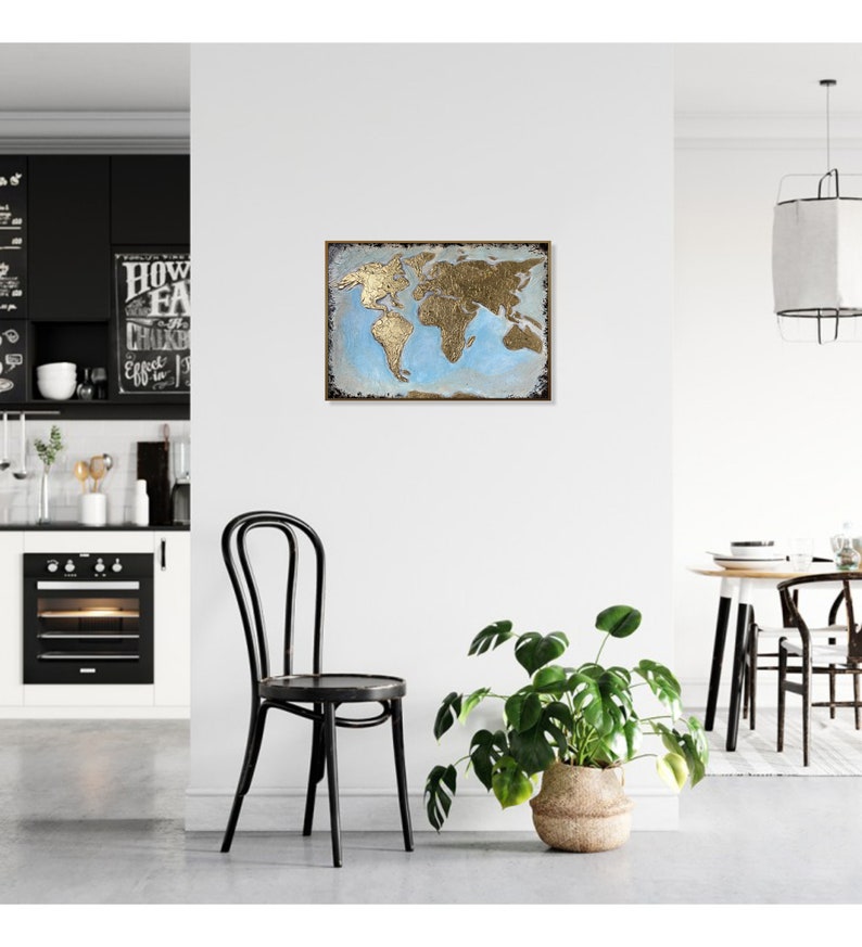 23.6x33.5 Abstract Gold World Map Paintings on Canvas, Hand Painted Map of the World, Original Oil Painting Best Choice for Office Decor image 3