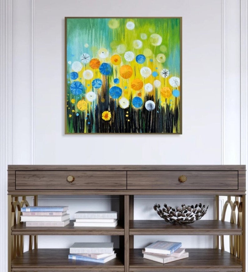 Original Abstract Colorful Dandelions Paintings on Canvas, Original Floral Art for Kids Room, Hand Painted Wall Hanging Art 28x28 image 1