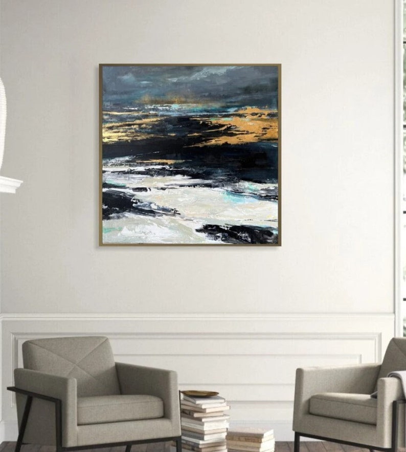 Original Abstract Landscape Paintings On Canvas, Textured Custom Oil Painting Scandic Chic Aesthetic Wall Hanging Art for Home Decor 28x28 image 1