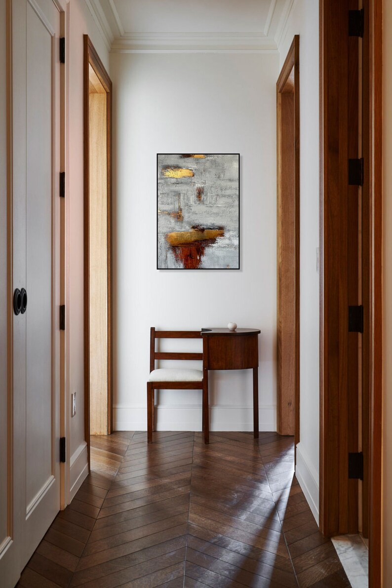 27,6x19,7 Abstrakte graue Gemälde auf Leinwand, Original Blattgold Kunst, modernes handgemachtes Ölgemälde, Japandi Dekor Kunst für Indie Room Decor Bild 2