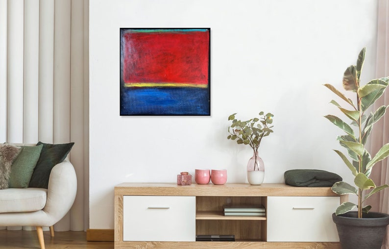 Mark Rothko Abstrakte rote und blaue Malerei auf Leinwand, modernes urbanes Kunstwerk von Mark Rothko, texturierte Wandkunst für Wohnzimmer Bild 2