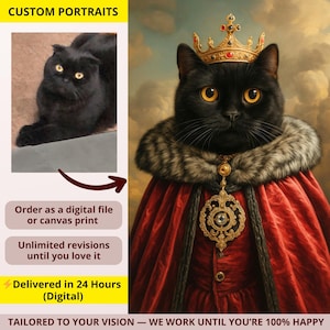 写真からカスタムペット絵画 ロイヤルブラックキャットポートレート デジタルダウンロードプリント ペット愛好家へのギフト パーソナライズされたデジタルペット絵画ギフト