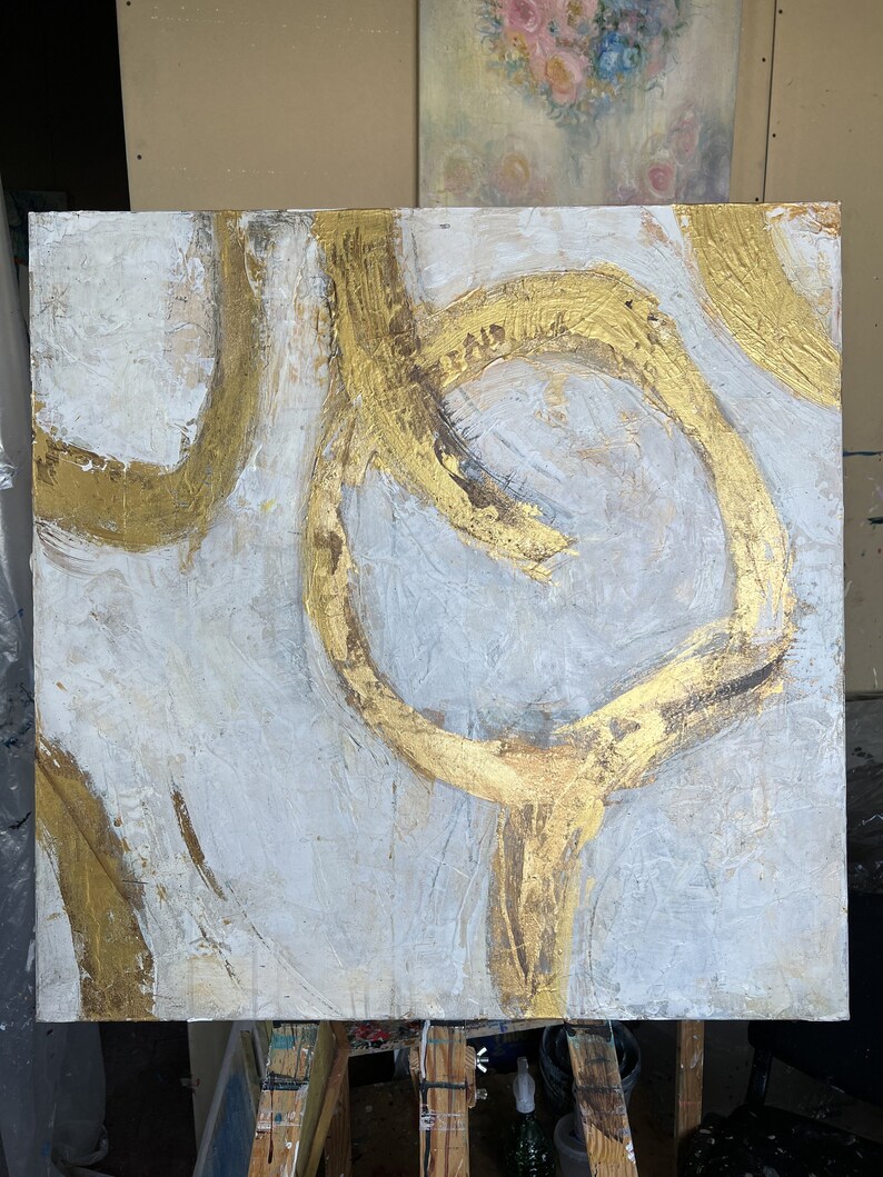 Abstract Beige schilderij op doek, originele gouden cirkels aangepaste olieverfschilderij, getextureerde bladgoud kunst, minimalistische Wall Decor 28 x 28 afbeelding 5